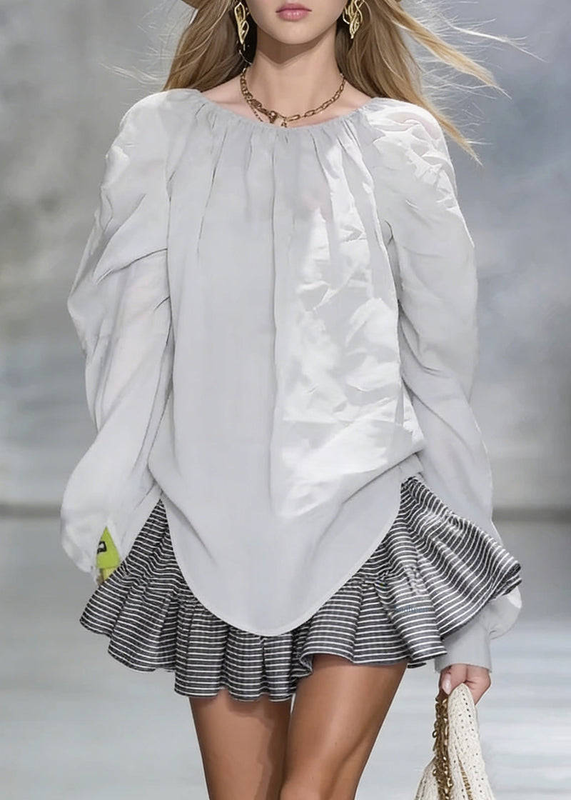 New Grey Wrinkled Cotton Shirt Tops Spring