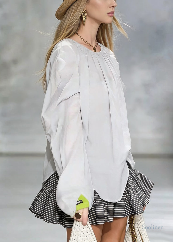 New Grey Wrinkled Solid Cotton Shirt Tops Spring