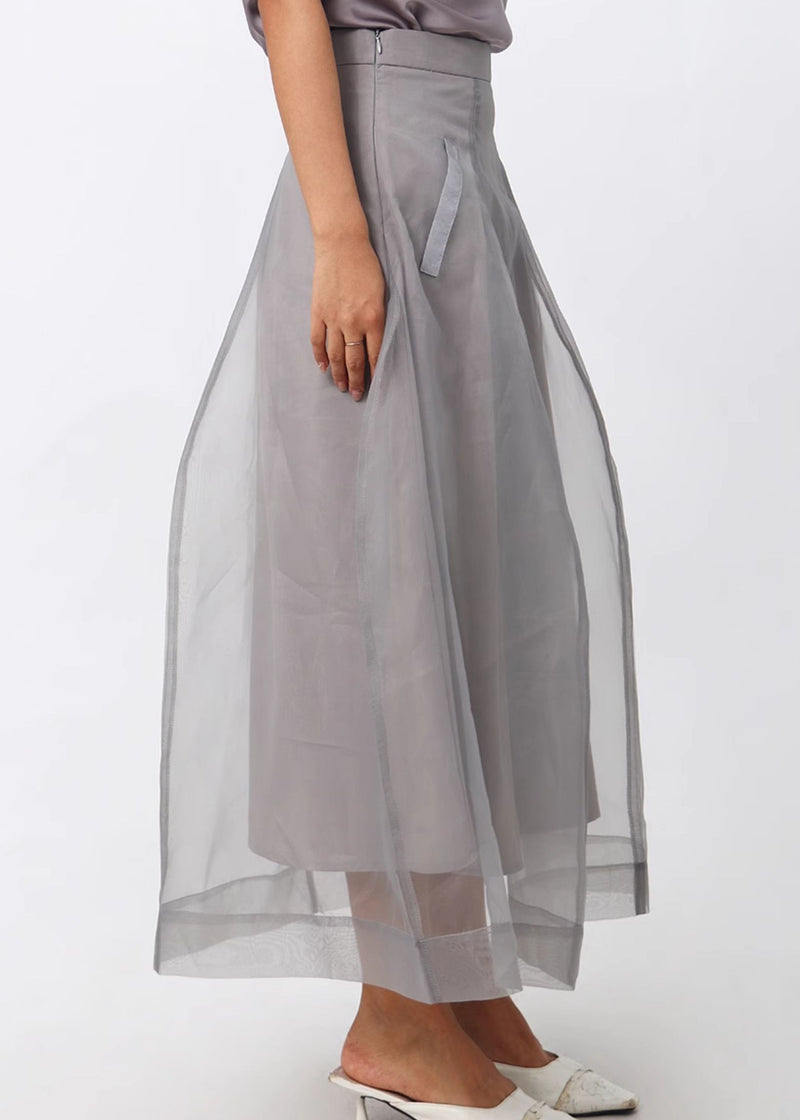 New Grey Zippered High Waist Tulle Skirts Summer