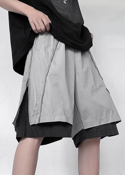 New Grey Zippered Pockets Fake Two Pieces Pants Summer