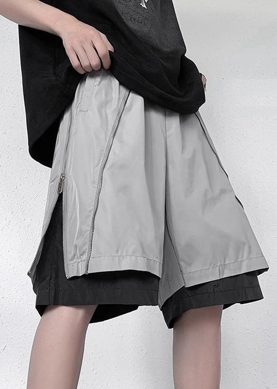 New Grey Zippered Pockets Fake Two Pieces Pants Summer