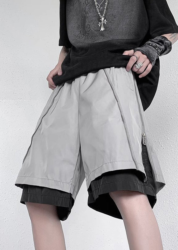 New Grey Zippered Pockets Fake Two Pieces Pants Summer