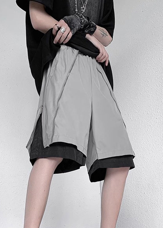 New Grey Zippered Pockets Fake Two Pieces Pants Summer