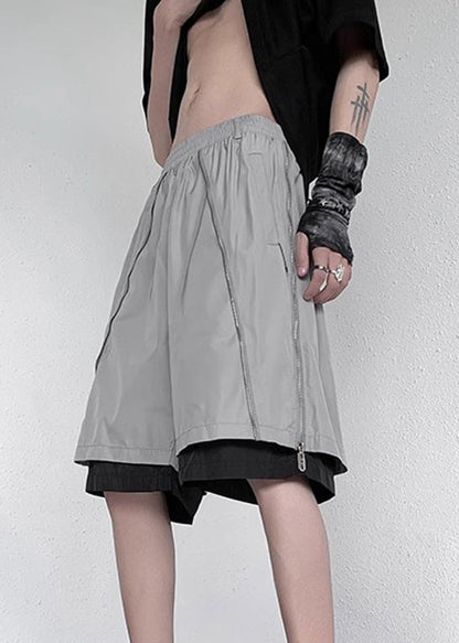New Grey Zippered Pockets Fake Two Pieces Pants Summer