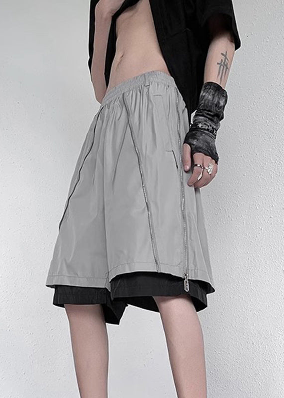 New Grey Zippered Pockets Fake Two Pieces Pants Summer