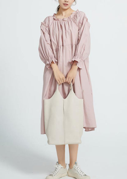 New High Waist Cotton Ruffles Collar Dresses Wardrobes Pink Long Dresses