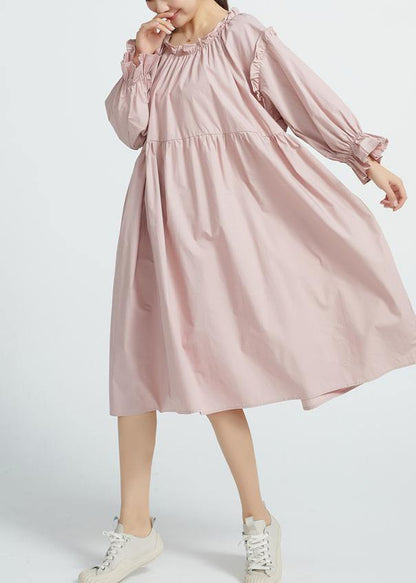 New High Waist Cotton Ruffles Collar Dresses Wardrobes Pink Long Dresses