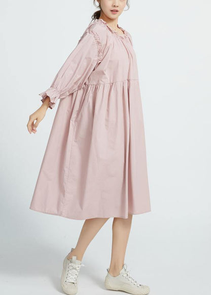 New High Waist Cotton Ruffles Collar Dresses Wardrobes Pink Long Dresses