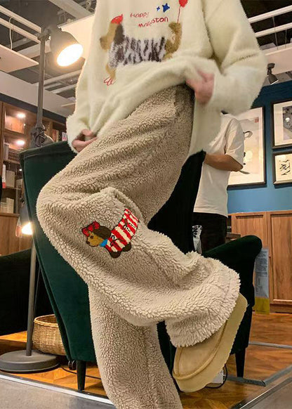 New Khaki Animal Pockets Teddy Faux Fur Pants Winter