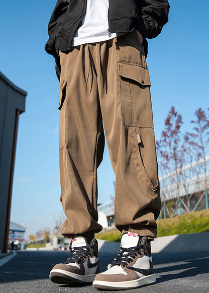 New Khaki Lace Up Pockets Cotton Beam Pants Spring