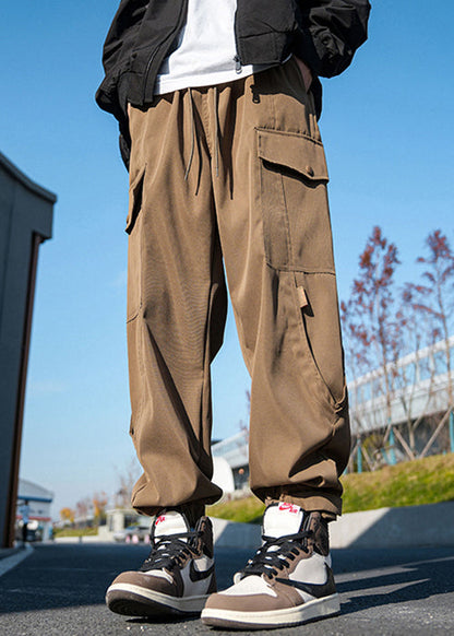 New Khaki Lace Up Pockets Cotton Beam Pants Spring
