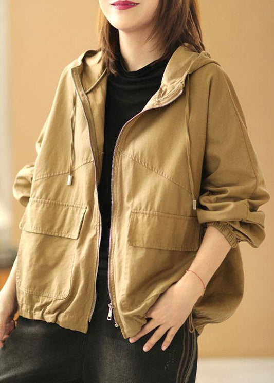New Khaki Loose Hooded Pockets Fall Long Sleeve Coat