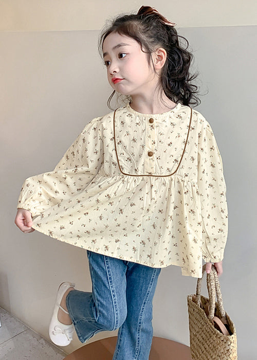 New Khaki O-neck Print Cotton Shirt Long Sleeve