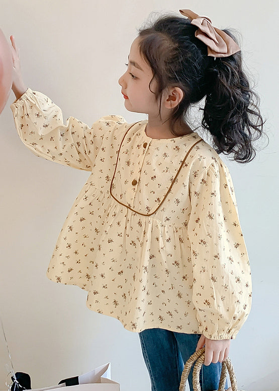 New Khaki O-neck Print Cotton Shirt Long Sleeve