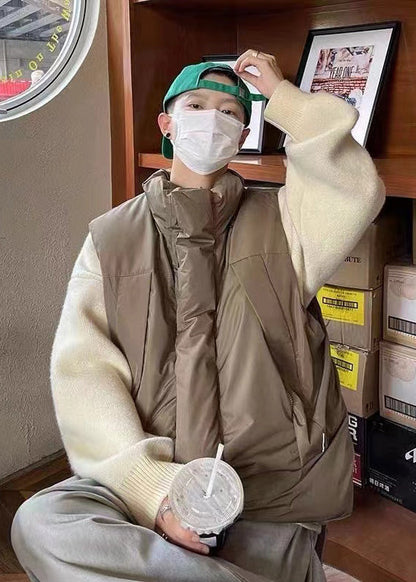 New Khaki Oversized Pockets Fine Cotton Filled Winter Vests Apparel