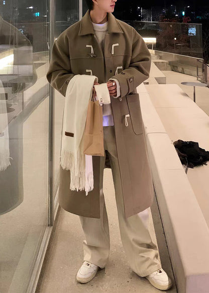 New Khaki Peter Pan Collar Button Pockets Woolen Coat Winter