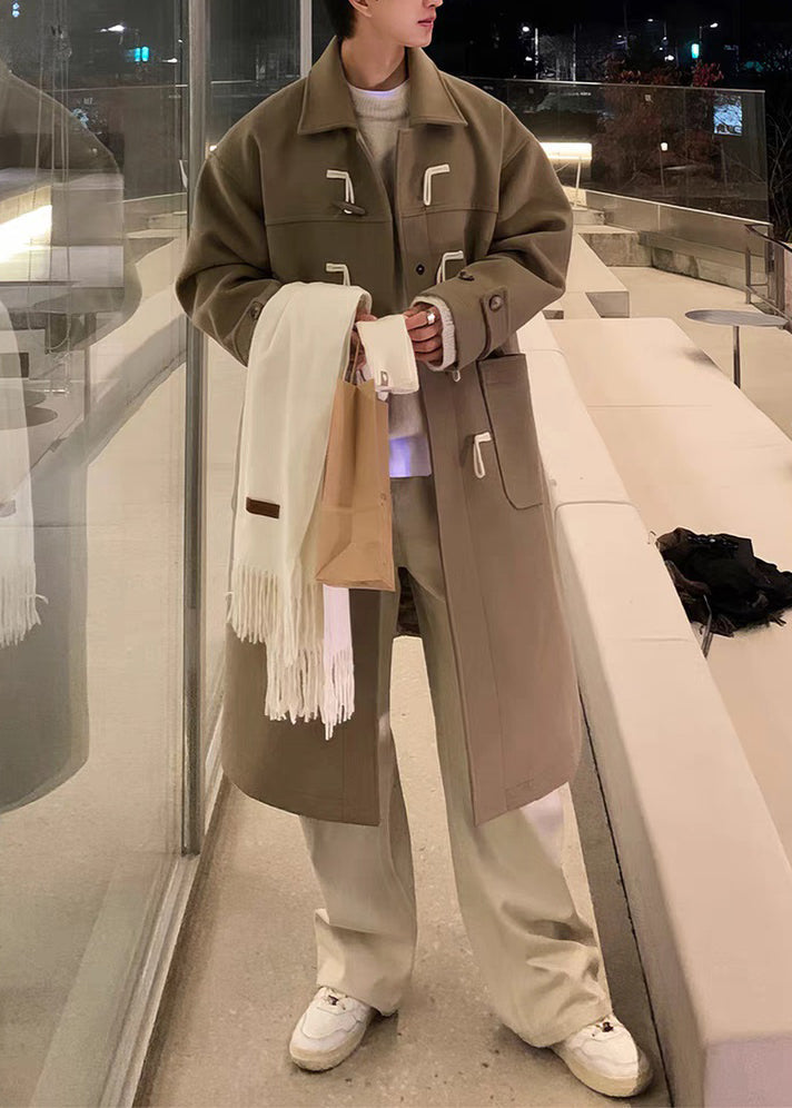 New Khaki Peter Pan Collar Button Pockets Woolen Coat Winter