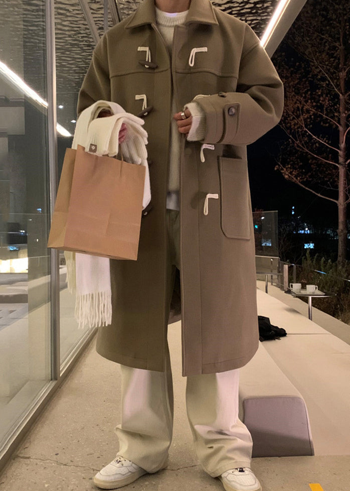 New Khaki Peter Pan Collar Button Pockets Woolen Coat Winter