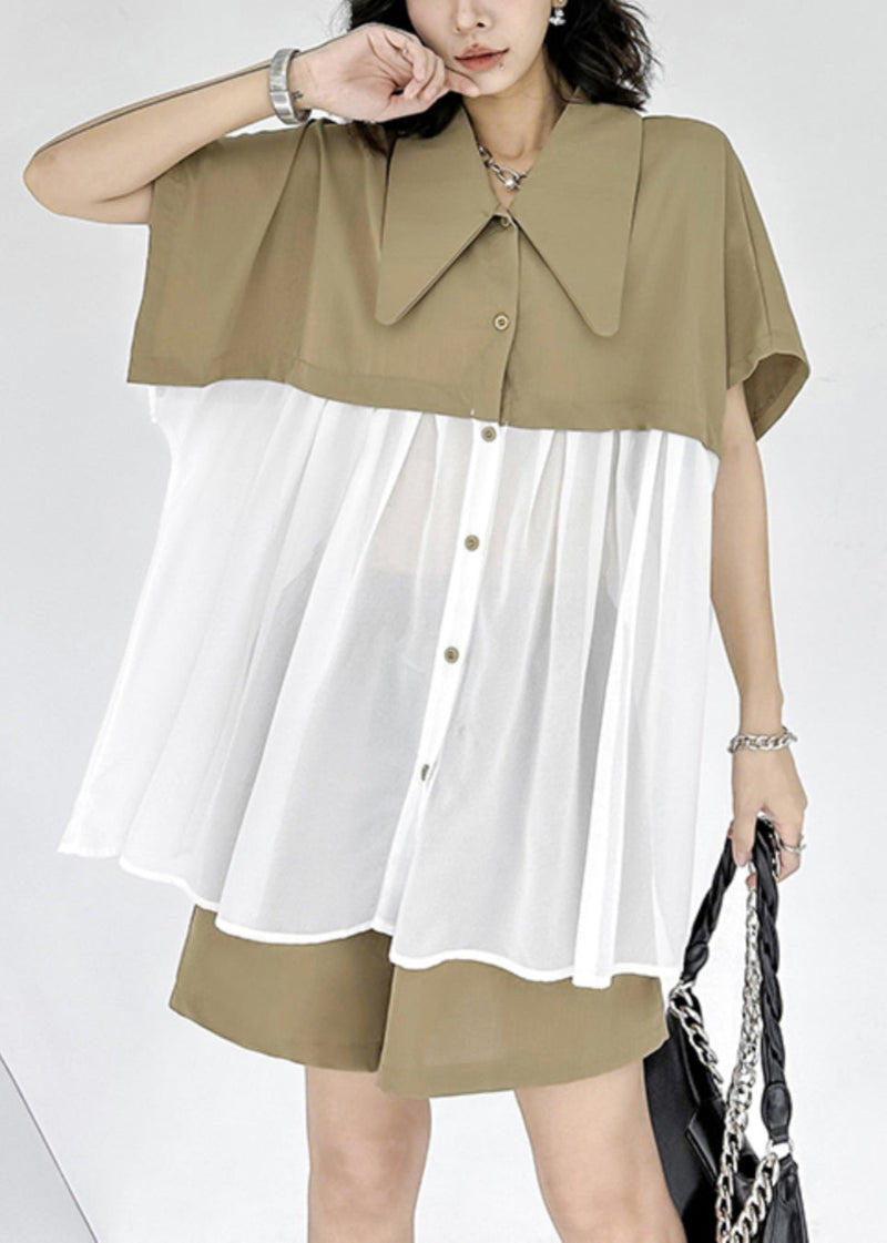 New Khaki Peter Pan Collar Wrinkled Chiffon Patchwork Tops and Shorts Two Pieces Set Summer