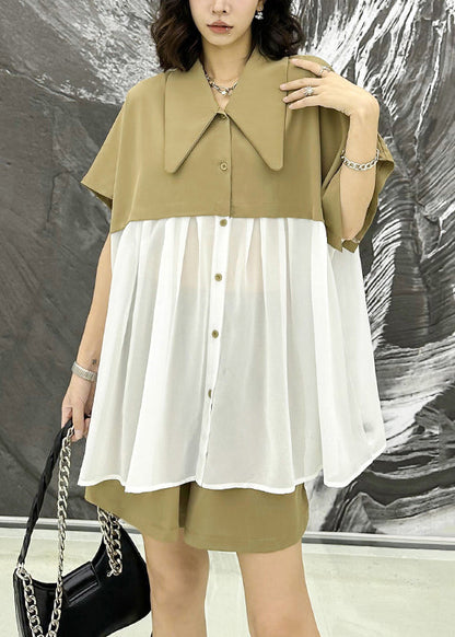 New Khaki Peter Pan Collar Wrinkled Chiffon Patchwork Tops and Shorts Two Pieces Set Summer