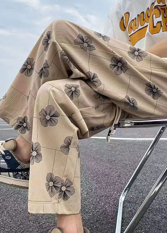 New Khaki Print Elastic Waist Cotton Crop Pants Summer