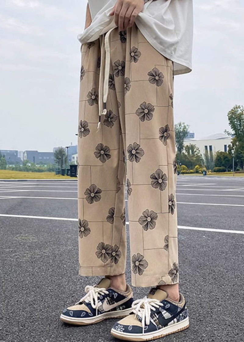 New Khaki Print Elastic Waist Cotton Crop Pants Summer