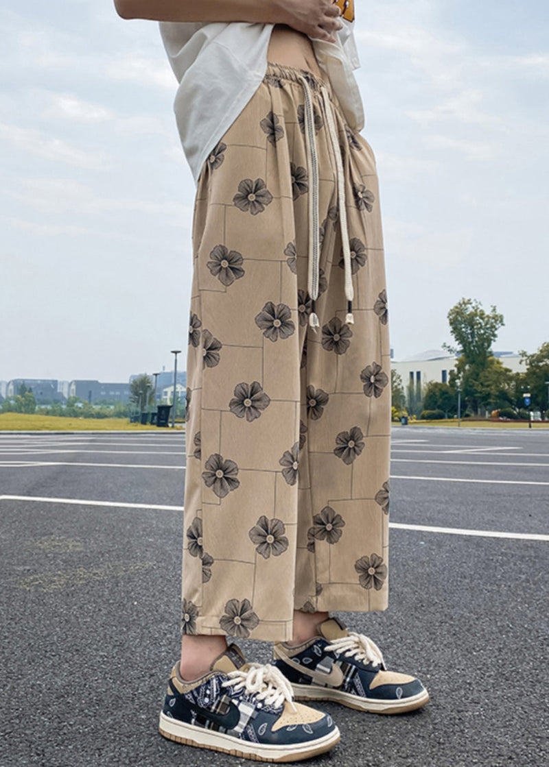 New Khaki Print Elastic Waist Cotton Crop Pants Summer