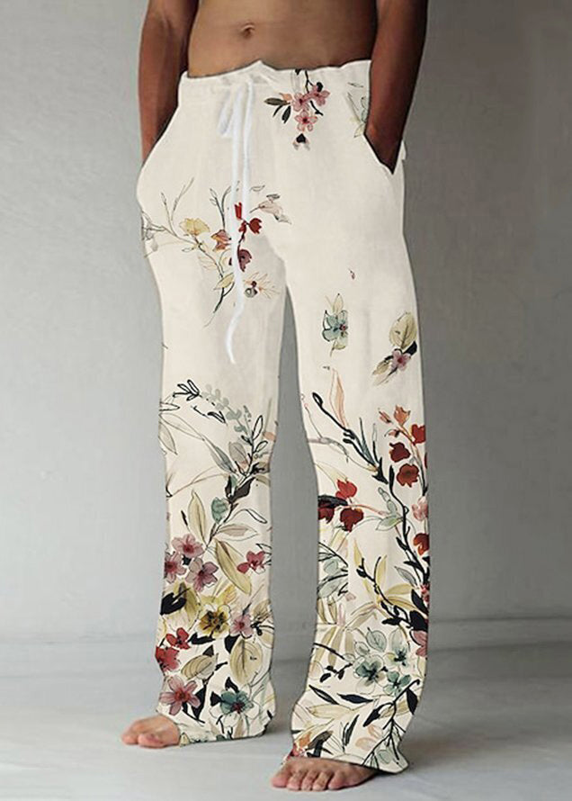 New Khaki Print Elastic Waist Cotton Pants Summer