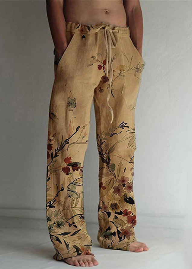 New Khaki Print Elastic Waist Cotton Pants Summer