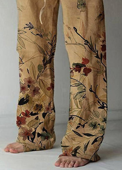 New Khaki Print Elastic Waist Cotton Pants Summer