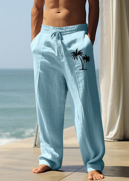 New Khaki Print Elastic Waist Linen Pants Summer
