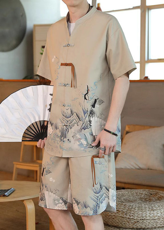 New Khaki Print Moisture Wicking Ice Silk Shirt and Shorts Two Pieces Set Short Sleeve