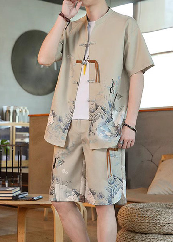 New Khaki Print Moisture Wicking Ice Silk Shirt and Shorts Two Pieces Set Short Sleeve