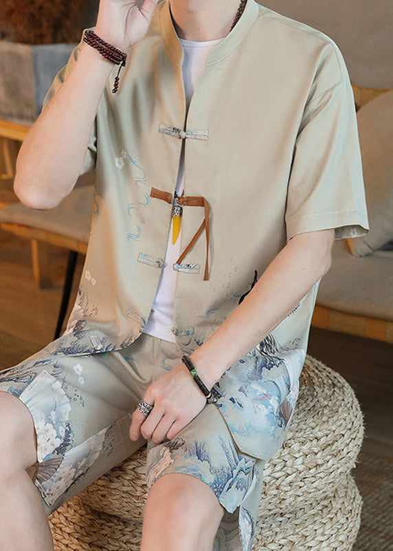 New Khaki Print Moisture Wicking Ice Silk Shirt and Shorts Two Pieces Set Short Sleeve