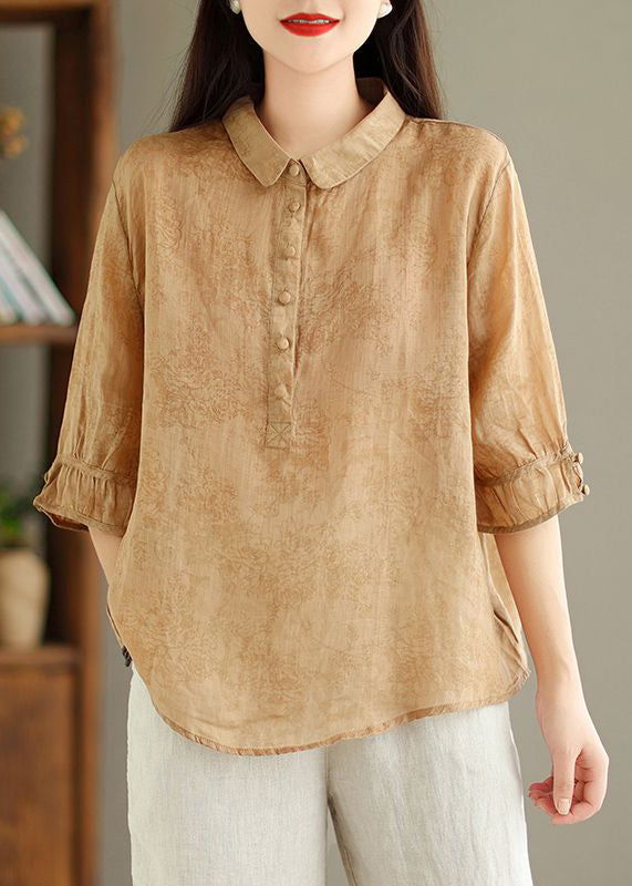 New Khaki Button Print Linen Shirt Summer