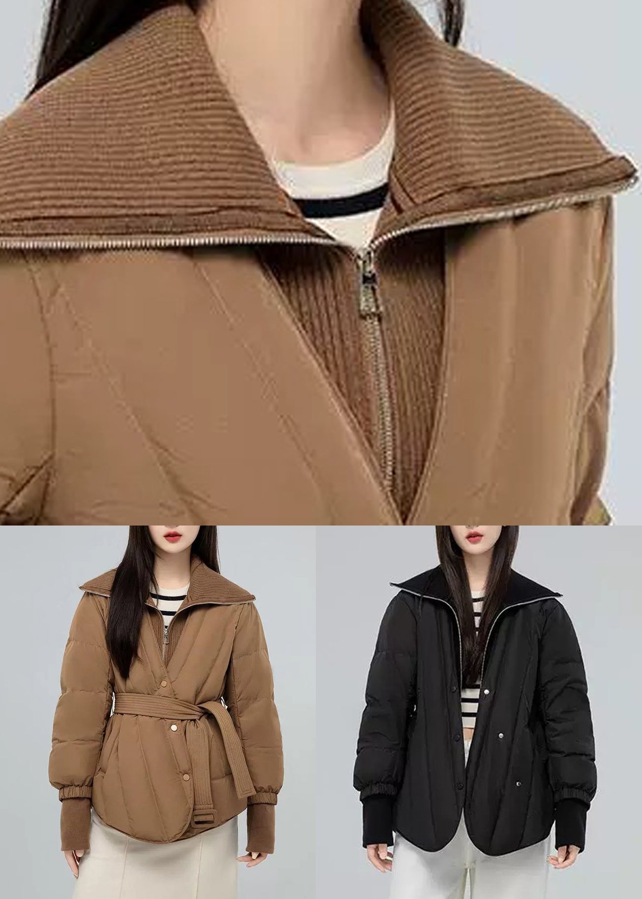 New Khaki Stand Collar Tie Waist Patchwork Duck Down Down Coat Winter
