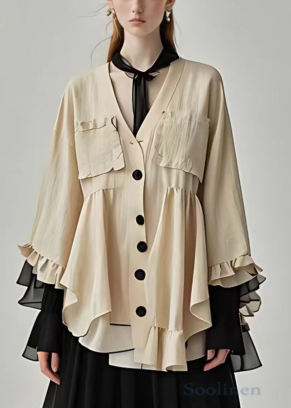 New Khaki V Neck Button Cotton Coat Bracelet Sleeve
