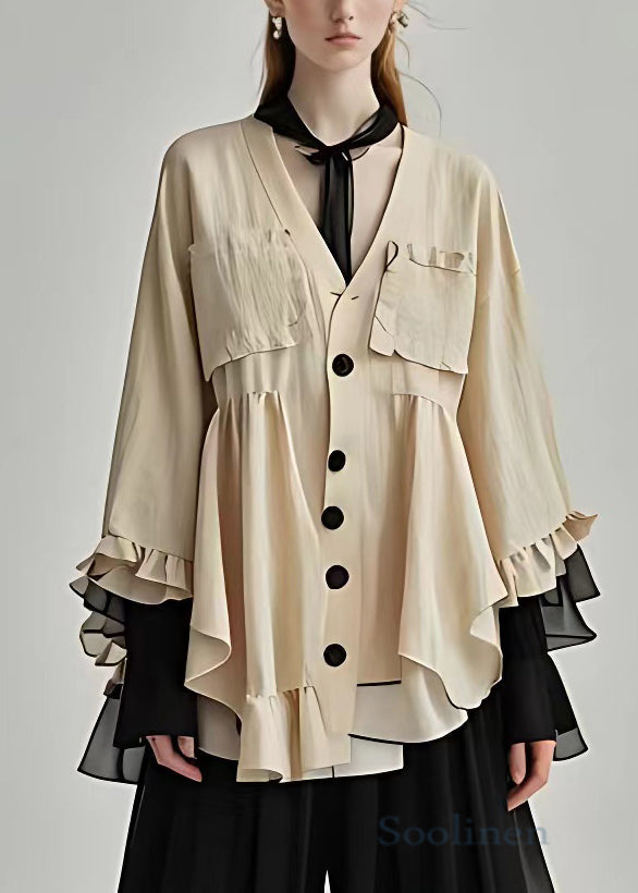 New Khaki V Neck Button Cotton Coat Bracelet Sleeve