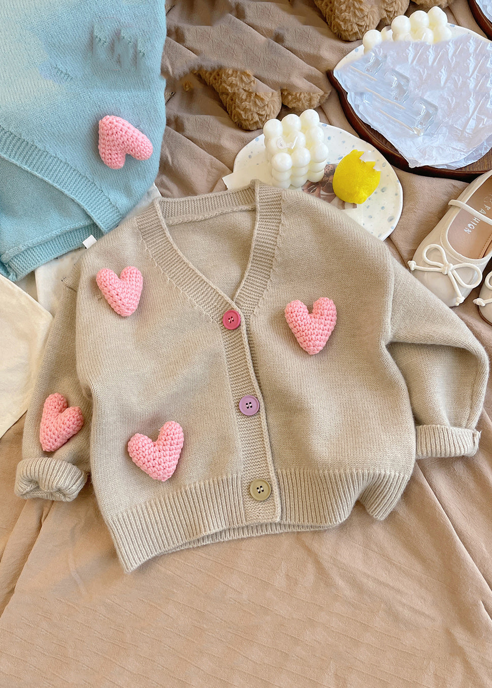New Khaki V Neck Love Cotton Knit Cardigan Spring
