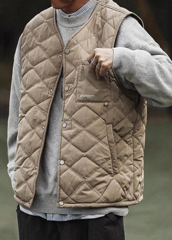 New Khaki V Neck Warm Fleece Vest in Spring