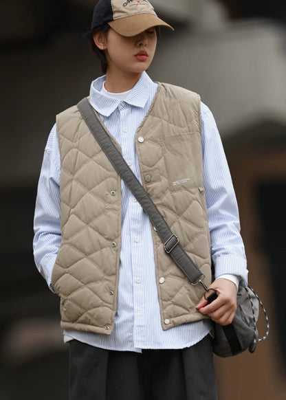 New Khaki V Neck Warm Fleece Vest in Spring