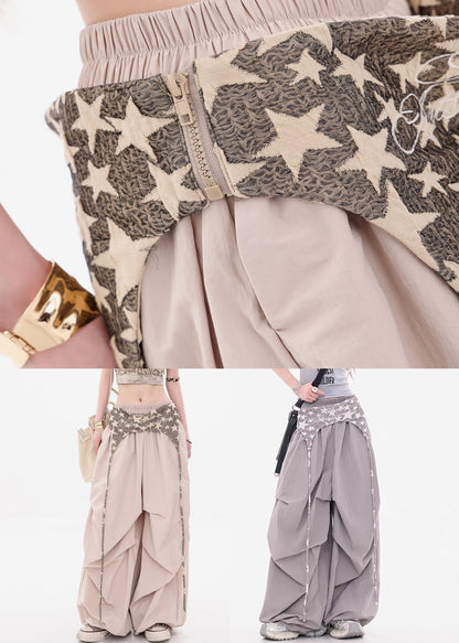 New Khaki Wrinkled Elastic Waist Patchwork Cotton Wide Leg Pants Fall