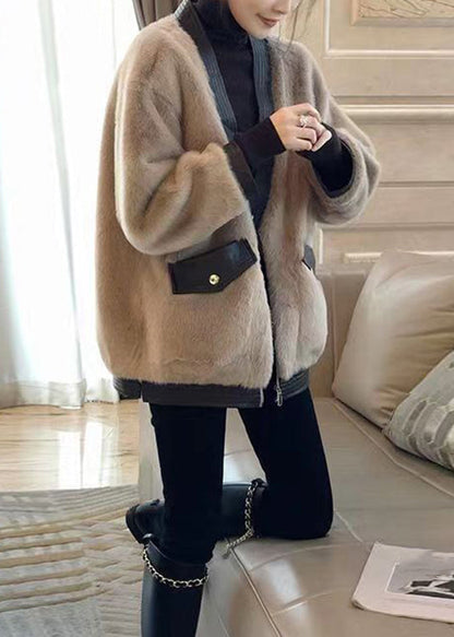 New Khaki Zippered Pockets Patchwork Leather and Fur Coat Winter