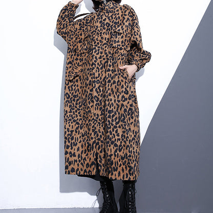 New Leopard Coats Clothing Stand Zippered Trench Coat Long Sleeve Pockets Baggy Cotton Blended Coat