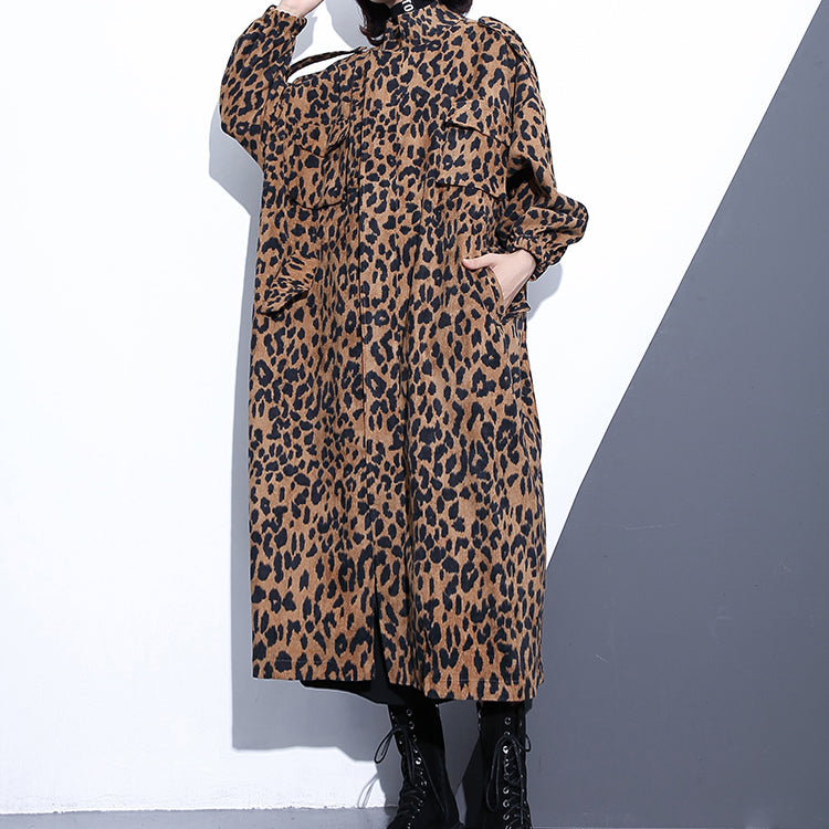 New Leopard Coats Clothing Stand Zippered Trench Coat Long Sleeve Pockets Baggy Cotton Blended Coat