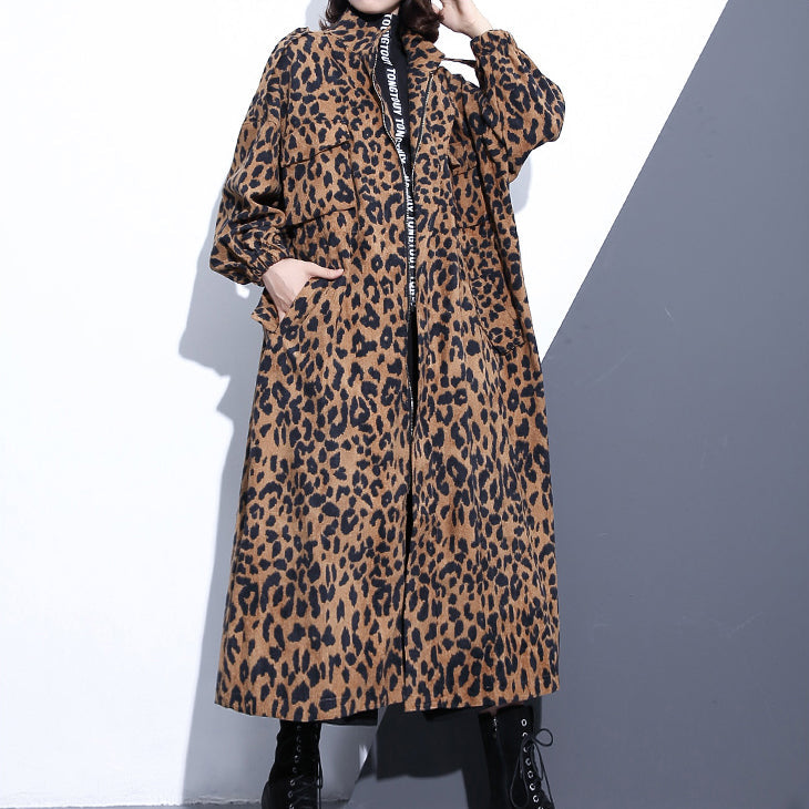 New Leopard Coats Clothing Stand Zippered Trench Coat Long Sleeve Pockets Baggy Cotton Blended Coat