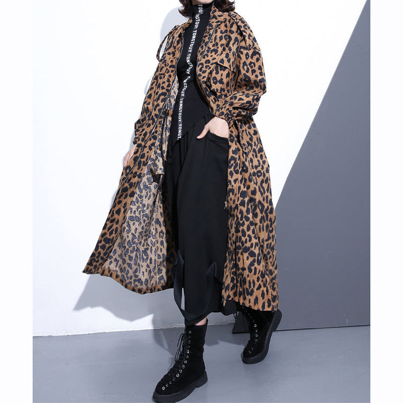 New Leopard Coats Clothing Stand Zippered Trench Coat Long Sleeve Pockets Baggy Cotton Blended Coat