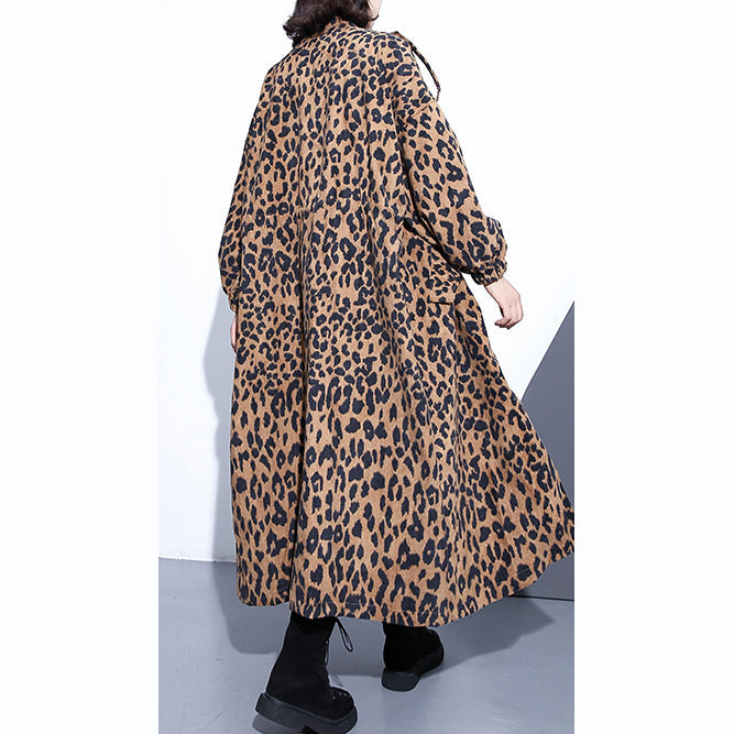 New Leopard Coats Clothing Stand Zippered Trench Coat Long Sleeve Pockets Baggy Cotton Blended Coat