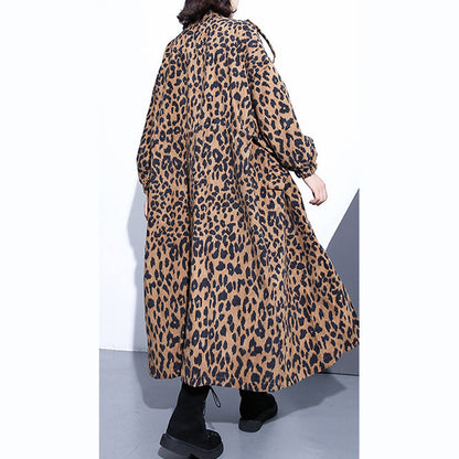 New Leopard Coats Clothing Stand Zippered Trench Coat Long Sleeve Pockets Baggy Cotton Blended Coat