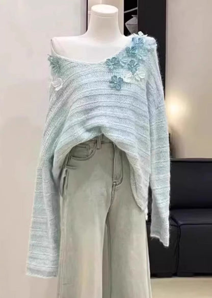New Light Blue Cold Shoulder Knit Sweaters Spring